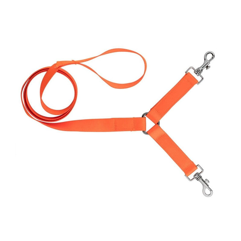 Laisse sangle nylon Country 2 chiens orange fluo - 1,30 m