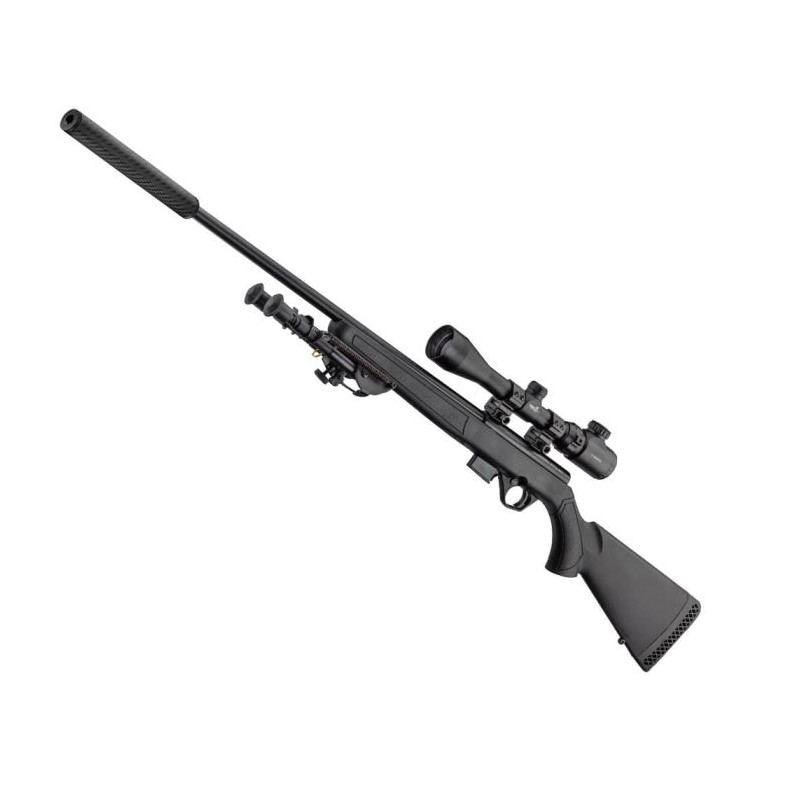 Pack carabine à verrou Mossberg synth. fileté avec lunette 3-9x40 et silencieux - Cal. 17 HMR