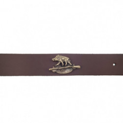 Ceinture Januel Cuir Marron - Boucle Bronze 120x5 cm - Logo Sanglier - 7 Trous de réglage